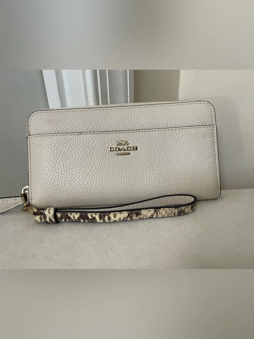 Coach Pebbled Leather Wristlet in Cream with Gold Logo